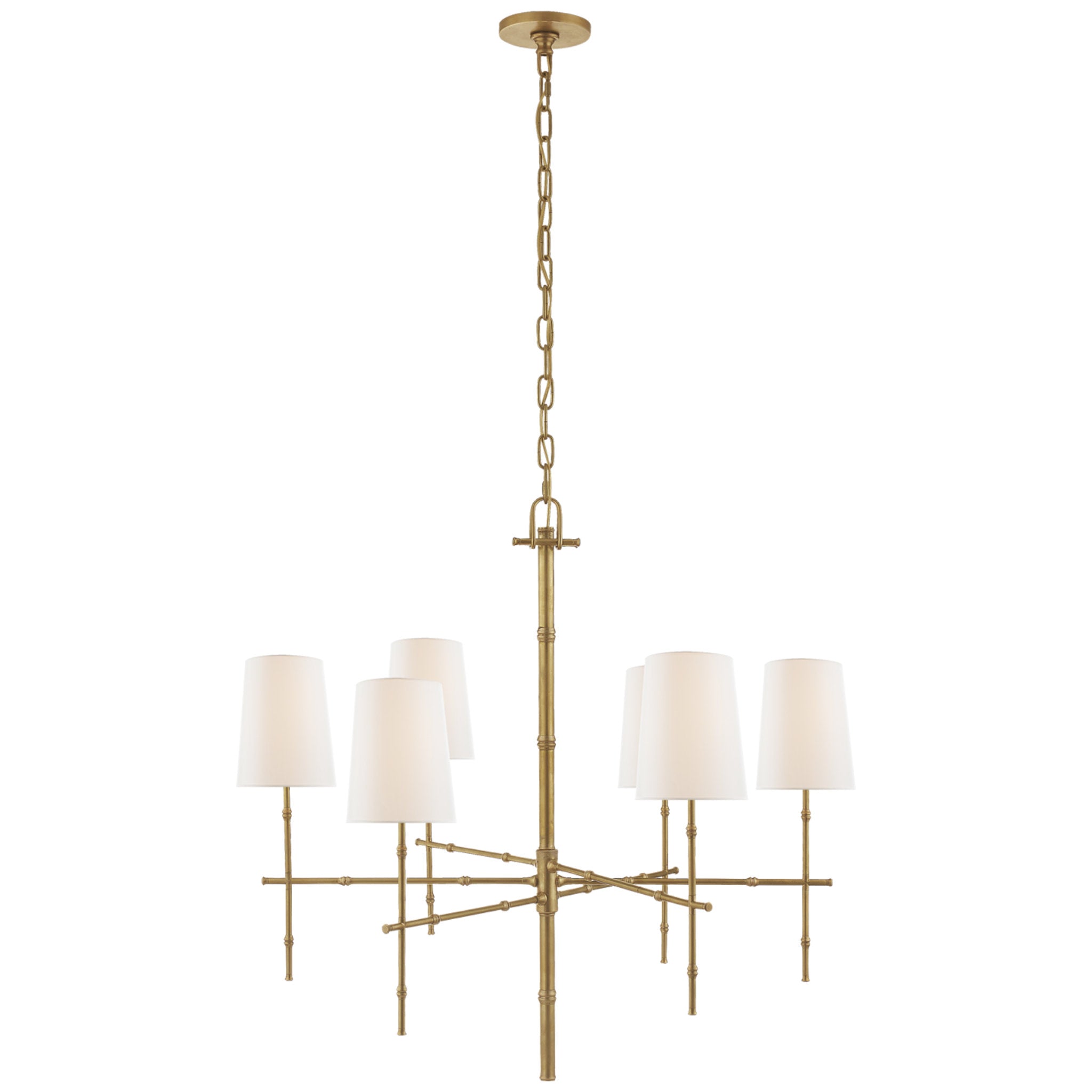 Visual Comfort Grenol Medium Modern Bamboo Chandelier in Hand-Rubbed Antique Brass with Linen Shades