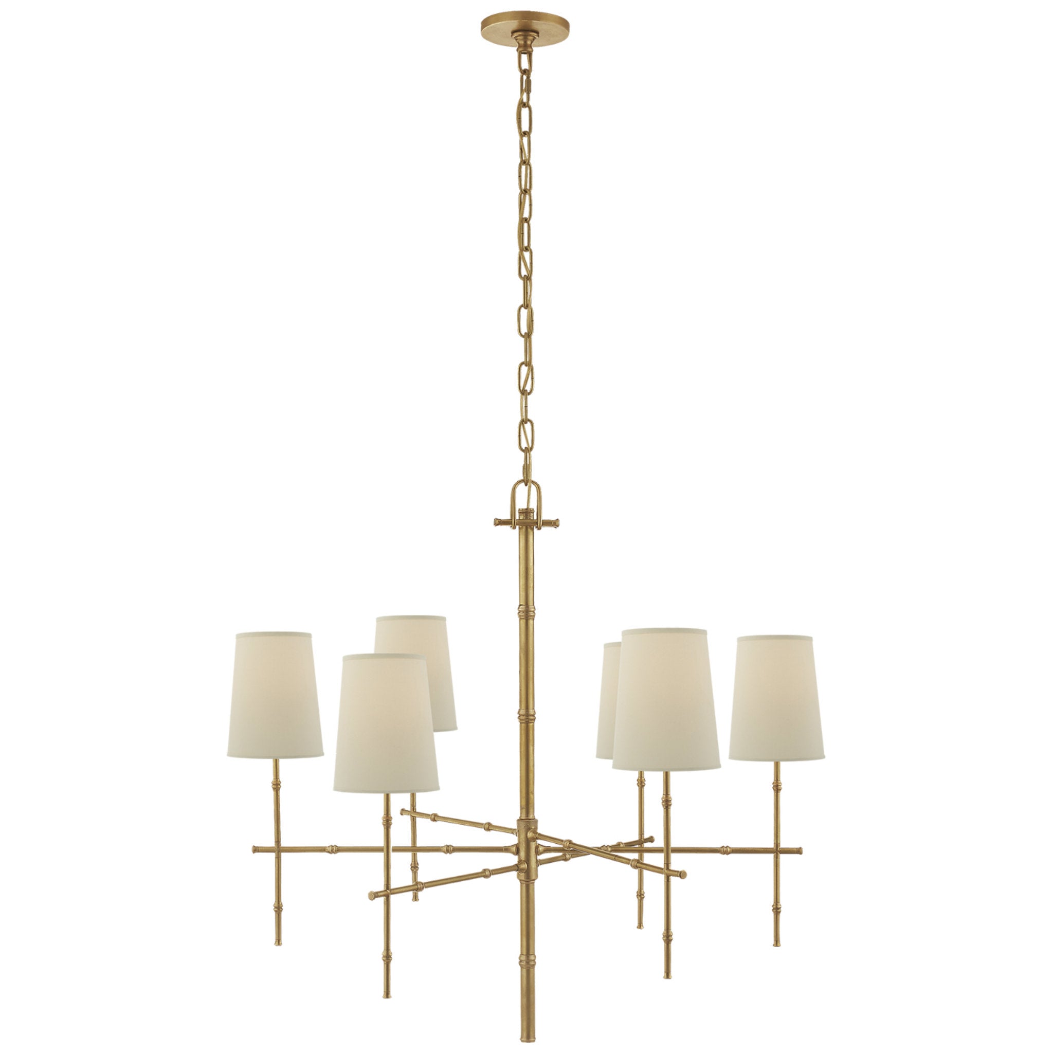 Visual Comfort Grenol Medium Modern Bamboo Chandelier in Hand-Rubbed Antique Brass with Natural Percale Shades