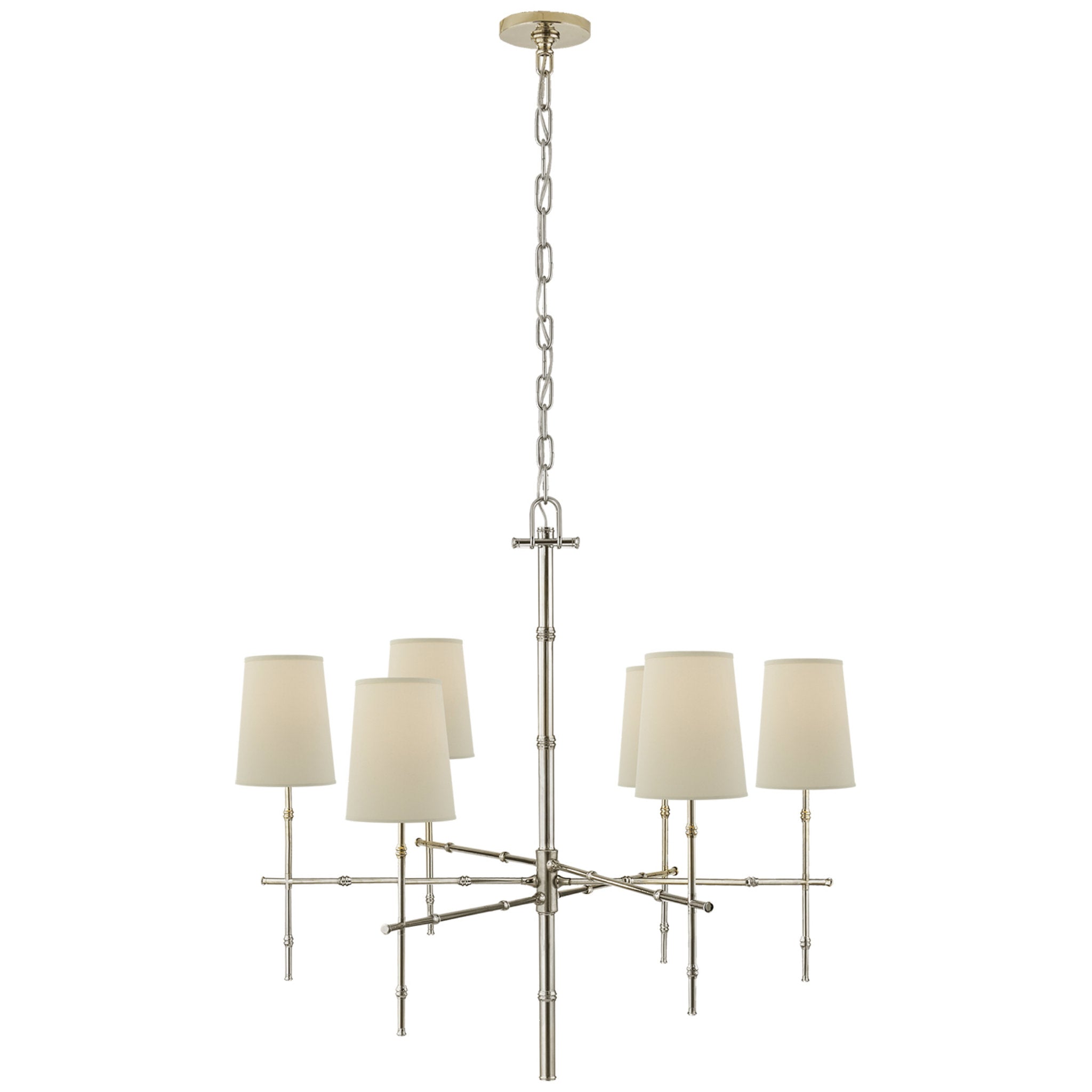 Visual Comfort Grenol Medium Modern Bamboo Chandelier in Polished Nickel with Natural Percale Shades