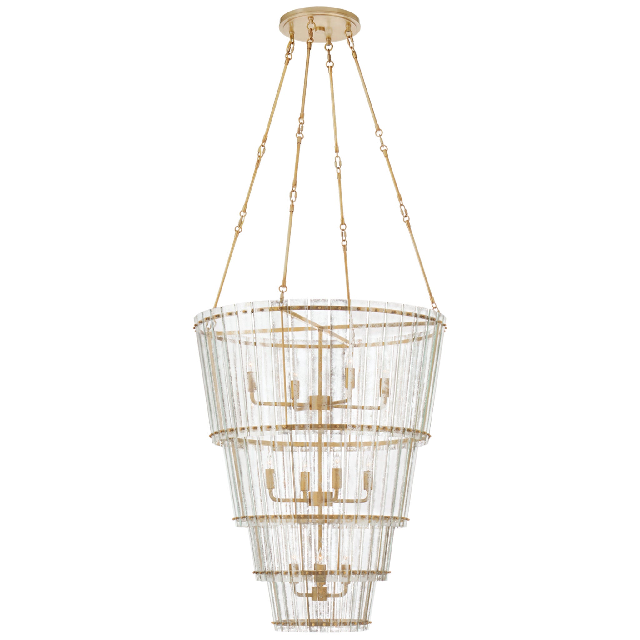 Carrier and Company Cadence Large Waterfall Chandelier in Hand-Rubbed Antique Brass with Antique Mirror