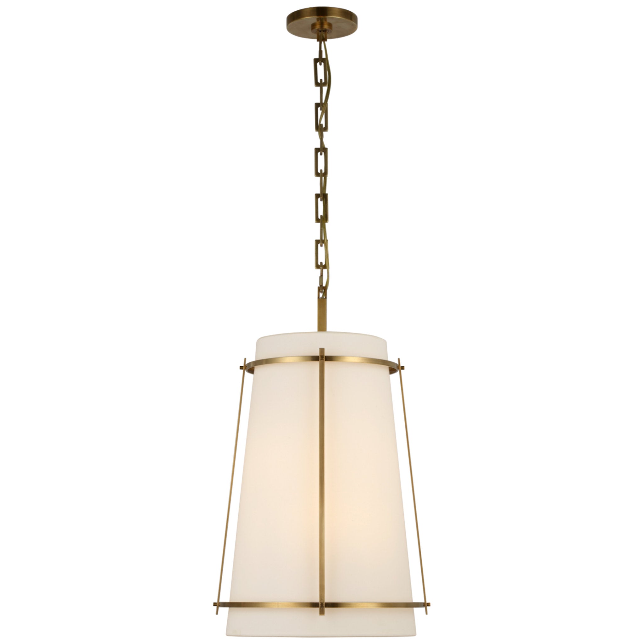 Carrier and Company Callaway Medium Hanging Shade in Hand-Rubbed Antique Brass with Linen Shade and Frosted Acrylic Diffuser Ceiling Light W14.5" x H23.5"
