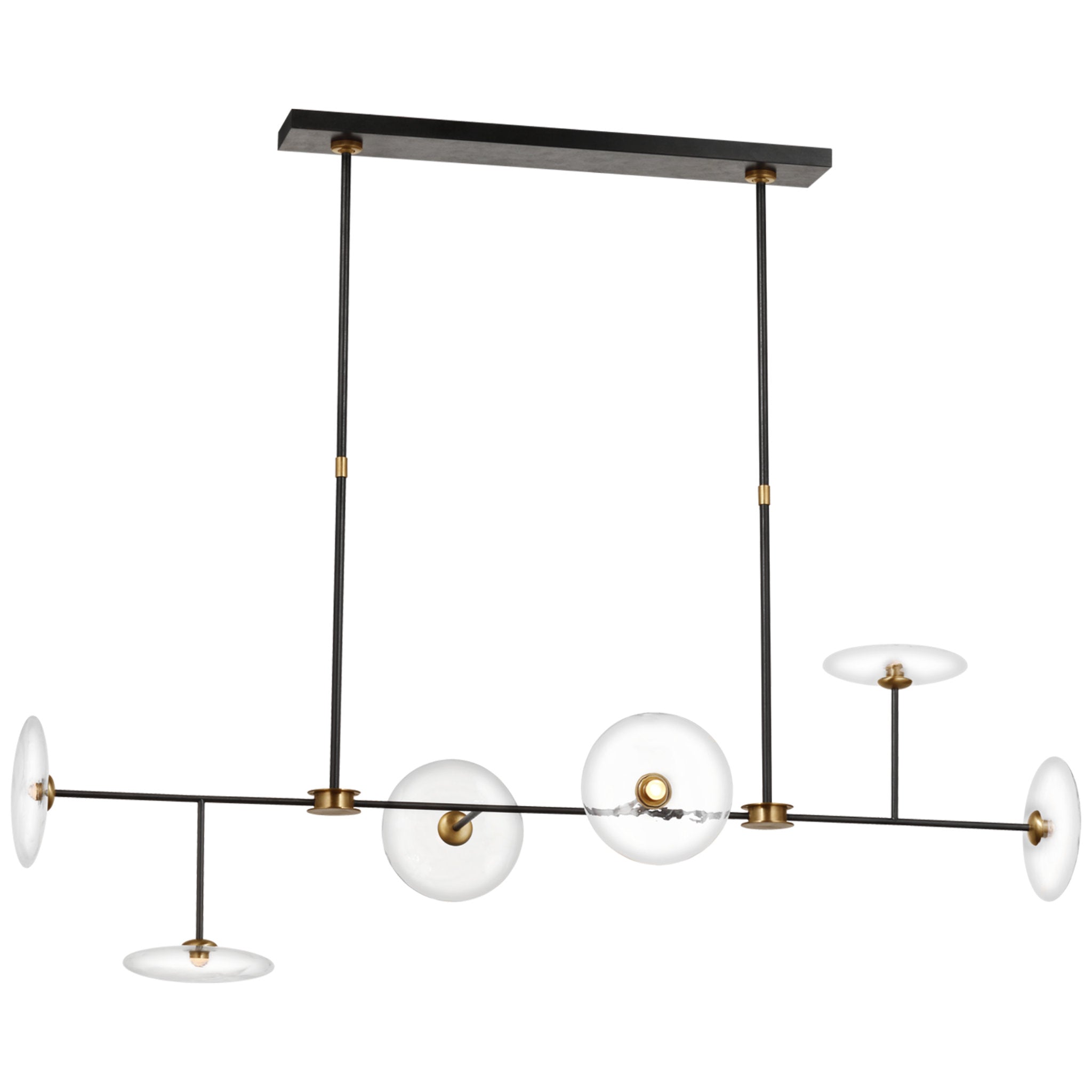 Ian K. Fowler Calvino Large Linear Chandelier in Aged Iron and Hand-Rubbed Antique Brass with Clear Glass Ceiling Light W18" x 54"