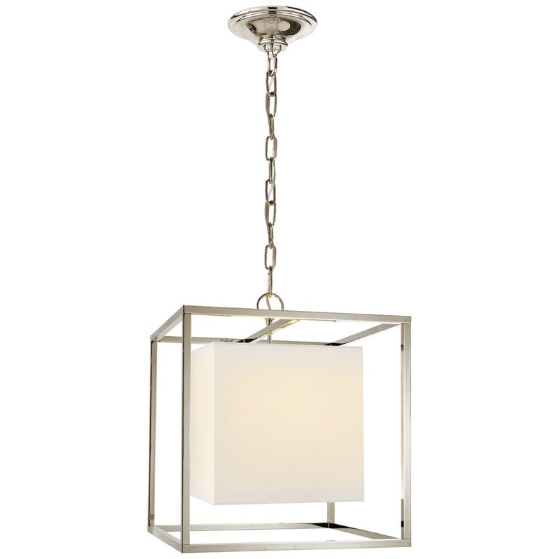 Eric Cohler Caged Small Lantern in Polished Nickel with Linen Shade