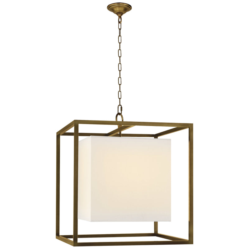 Eric Cohler Caged Medium Lantern in Hand-Rubbed Antique Brass with Linen Shade