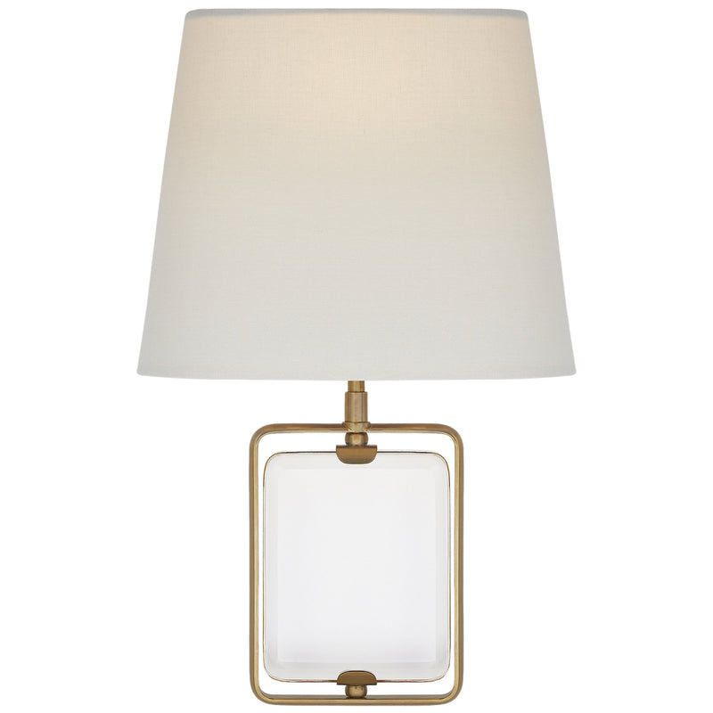 Suzanne Kasler Henri Framed Jewel Sconce in Crystal and Hand-Rubbed Antique Brass with Linen Shade