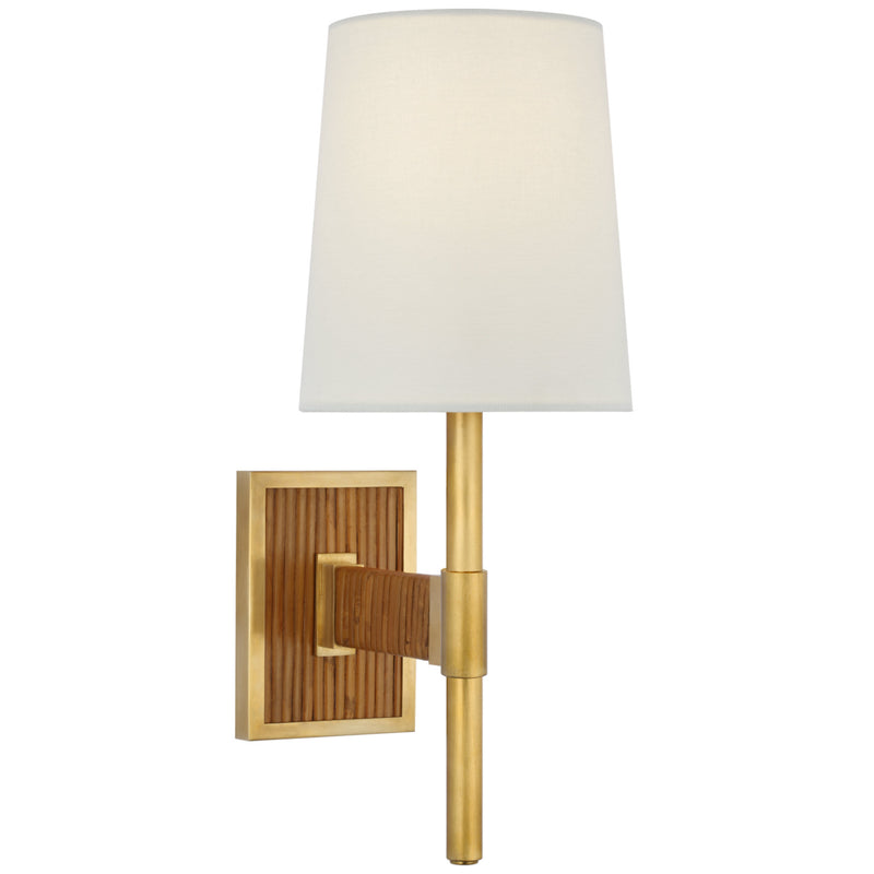 Suzanne Kasler Elle Small Single Sconce in Hand-Rubbed Antique Brass and Dark Rattan with Linen Shade