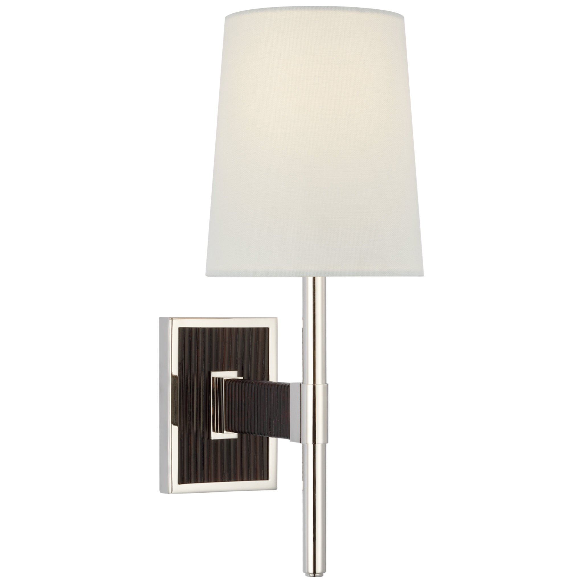 Suzanne Kasler Elle Small Single Sconce in Polished Nickel and Black Rattan with Linen Shade Wall Light W5.75" x H14.75"