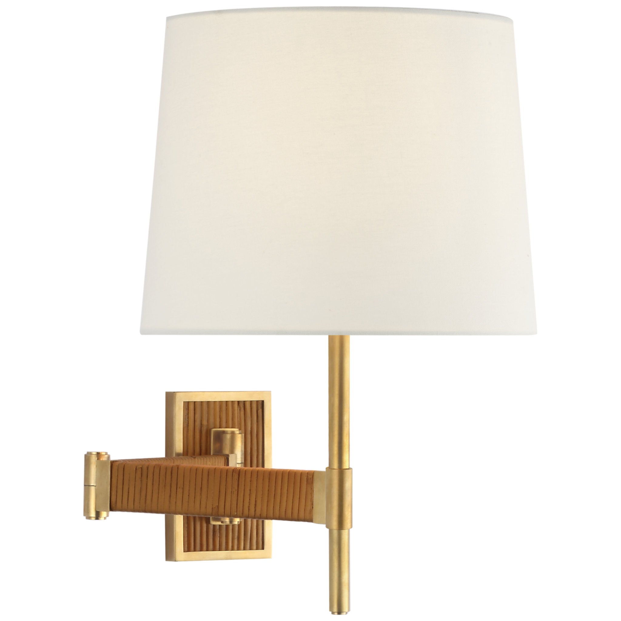 Suzanne Kasler Elle Swing Arm Sconce in Hand-Rubbed Antique Brass and Dark Rattan with Linen Shade