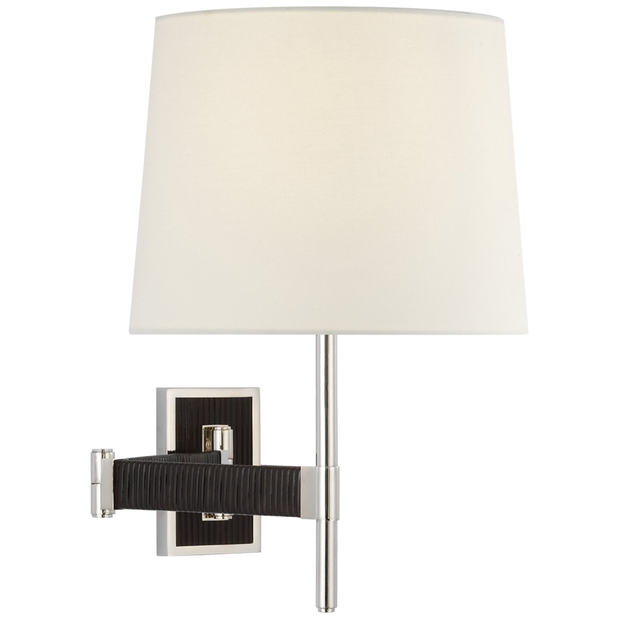 Suzanne Kasler Elle Swing Arm Sconce in Polished Nickel and Black Rattan with Linen Shade