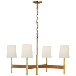 Suzanne Kasler Elle Large Chandelier in Hand-Rubbed Antique Brass and Dark Rattan with Linen Shades