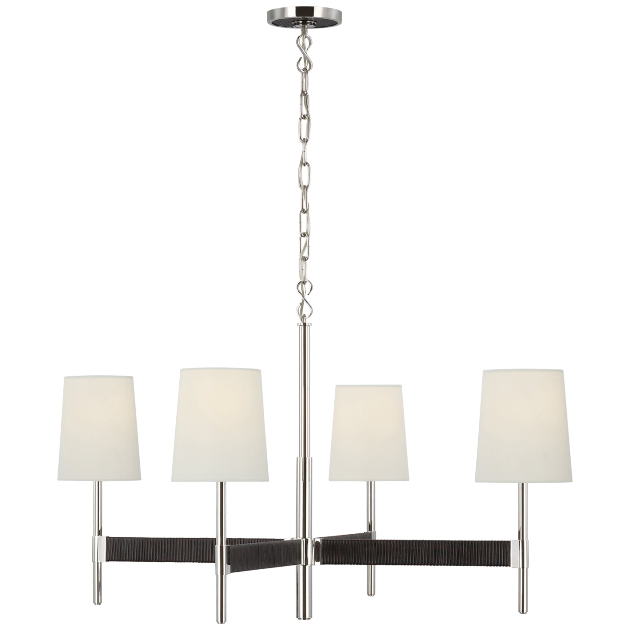 Suzanne Kasler Elle Large Chandelier in Polished Nickel and Black Rattan with Linen Shades Ceiling Light W36" x H20.75"