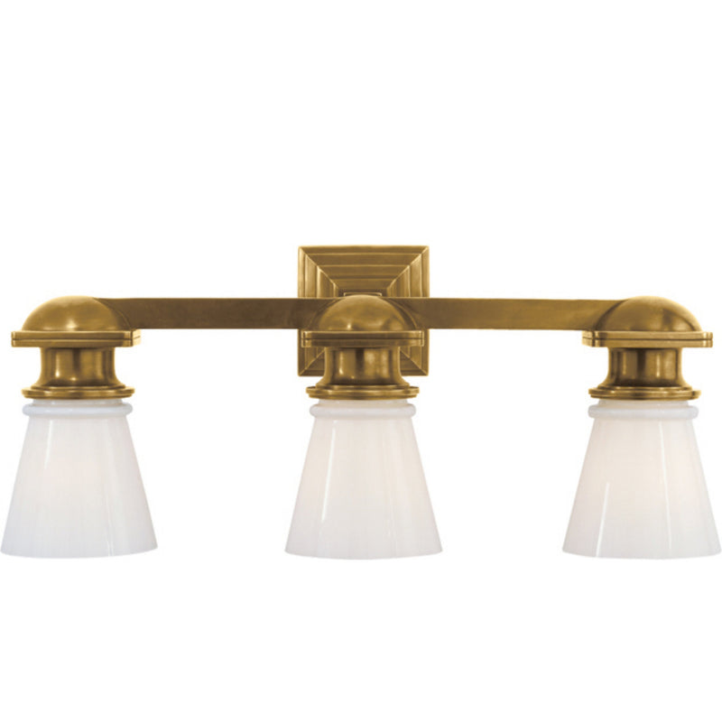 Chapman & Myers New York Subway Triple Light in Hand-Rubbed Antique Brass with White Glass