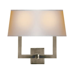 Chapman & Myers Square Tube Double Sconce in Antique Nickel with Natural Paper Single Shade