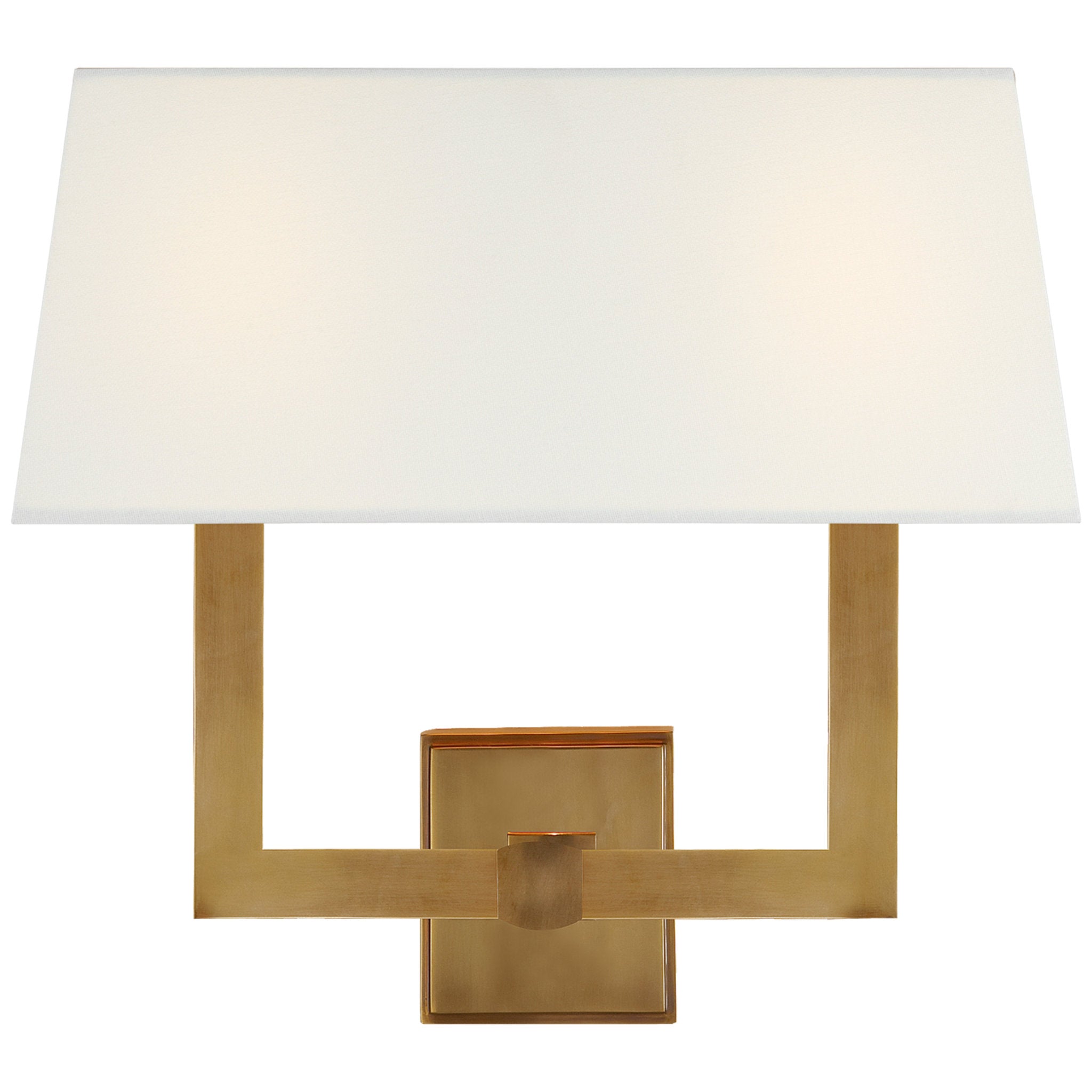 Chapman & Myers Square Tube Double Sconce in Hand-Rubbed Antique Brass with Linen Single Shade