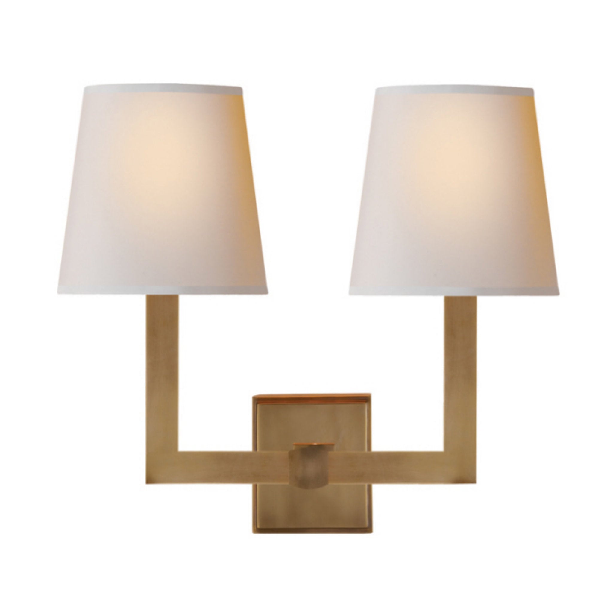 Chapman & Myers Square Tube Double Sconce in Hand-Rubbed Antique Brass with Natural Paper Shades Wall Light W15" x H14"