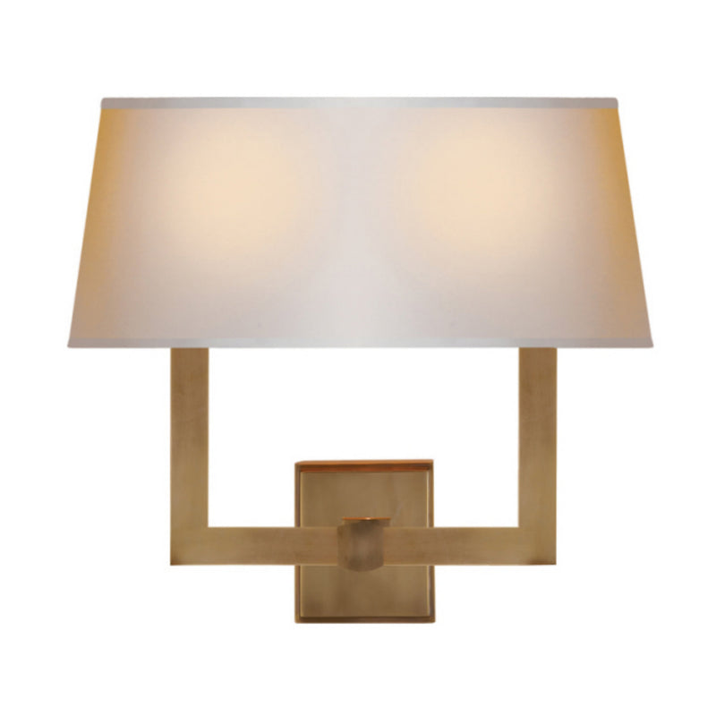 Chapman & Myers Square Tube Double Sconce in Hand-Rubbed Antique Brass with Natural Paper Single Shade