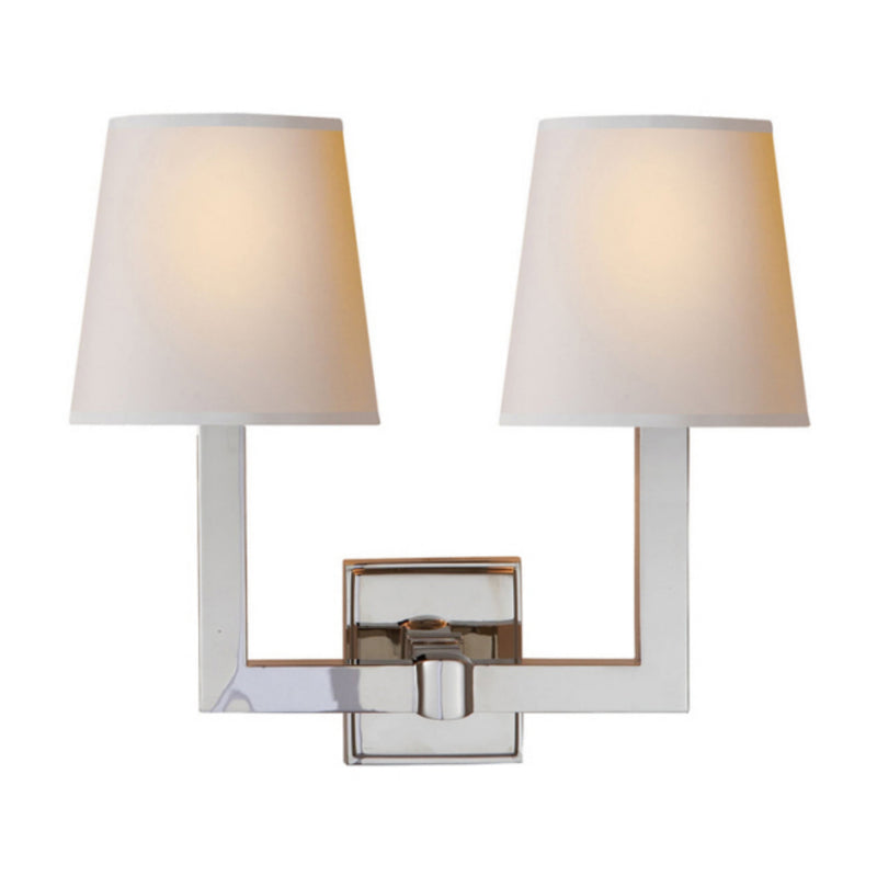 Chapman & Myers Square Tube Double Sconce in Polished Nickel with Natural Paper Shades