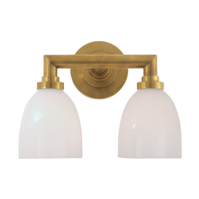 Chapman & Myers Wilton Double Bath Light in Hand-Rubbed Antique Brass with White Glass