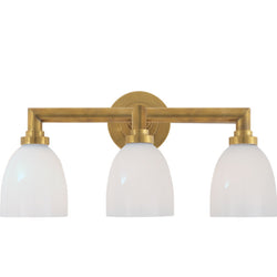 Chapman & Myers Wilton Triple Bath Light in Hand-Rubbed Antique Brass with White Glass