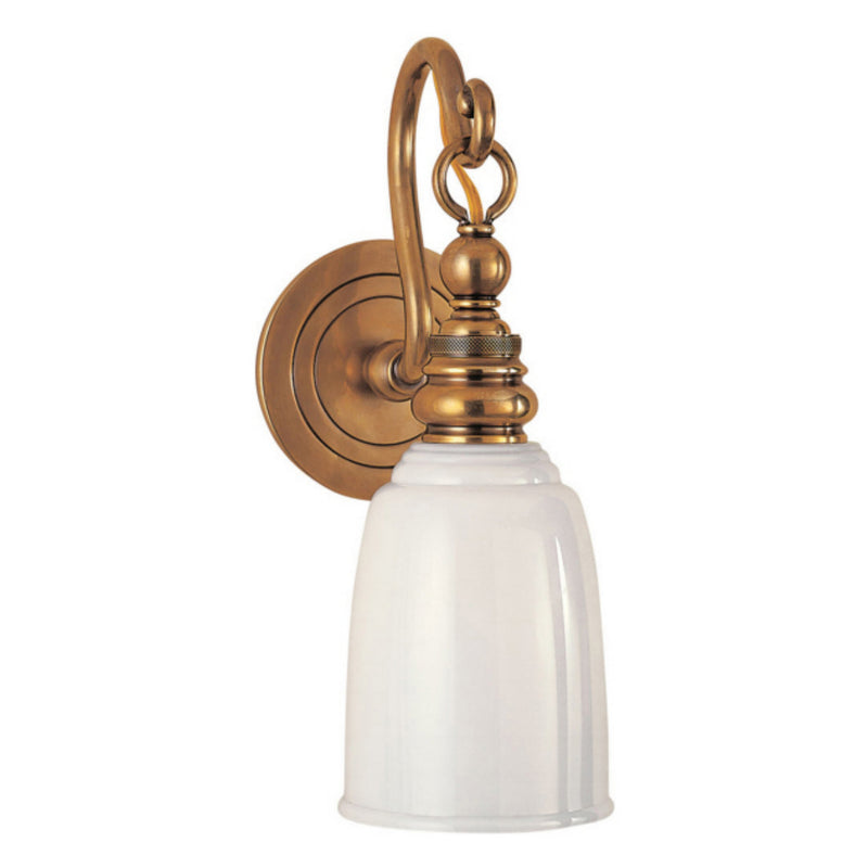 Chapman & Myers Boston Loop Arm Sconce in Hand-Rubbed Antique Brass with White Glass