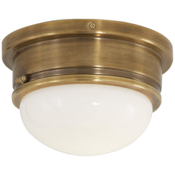 Chapman & Myers Marine Medium Flush Mount in Hand-Rubbed Antique Brass with White Glass