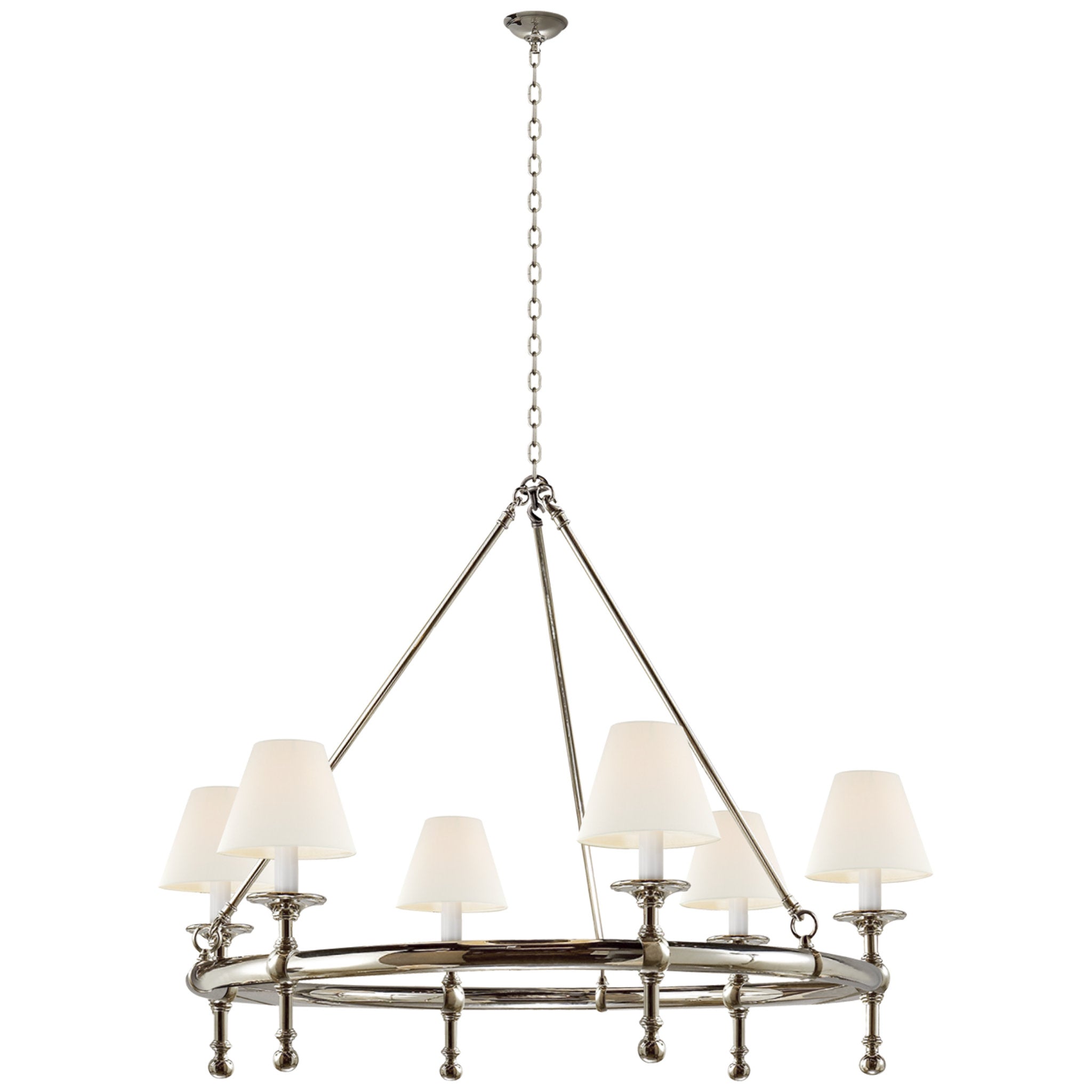 Chapman & Myers Classic Ring Chandelier in Polished Nickel with Linen Shades