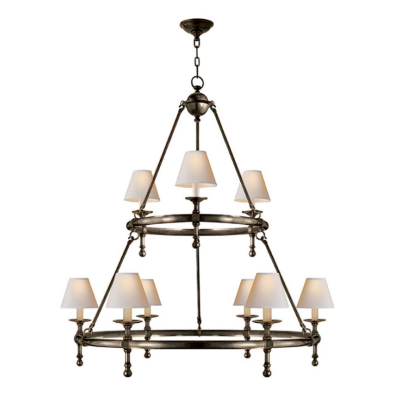 Chapman & Myers Classic Two-Tier Ring Chandelier in Bronze with Natural Paper Shades