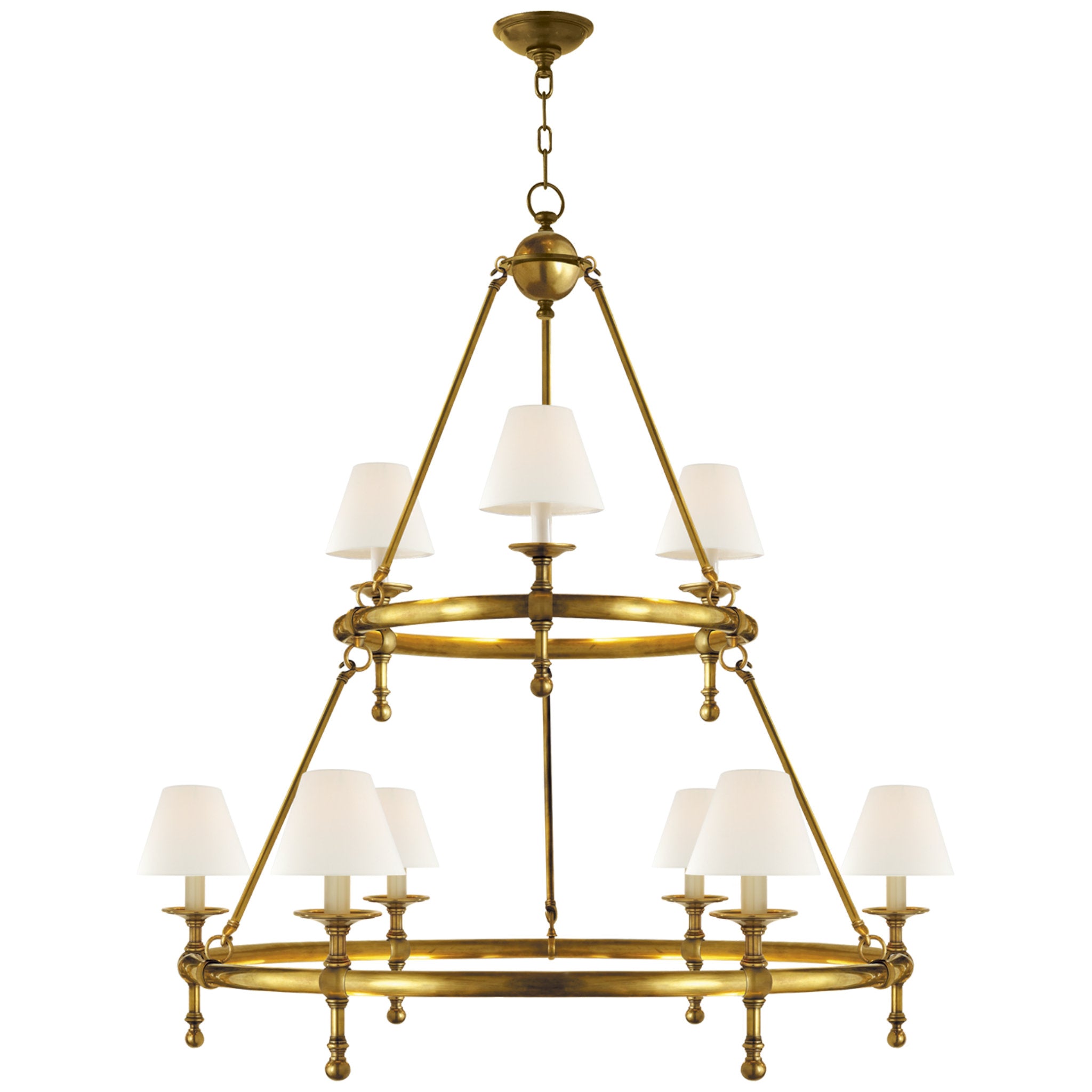 Chapman & Myers Classic Two-Tier Ring Chandelier in Hand-Rubbed Antique Brass with Linen Shades Ceiling Light W44"