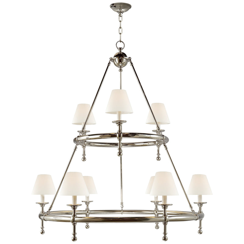 Chapman & Myers Classic Two-Tier Ring Chandelier in Polished Nickel with Linen Shades
