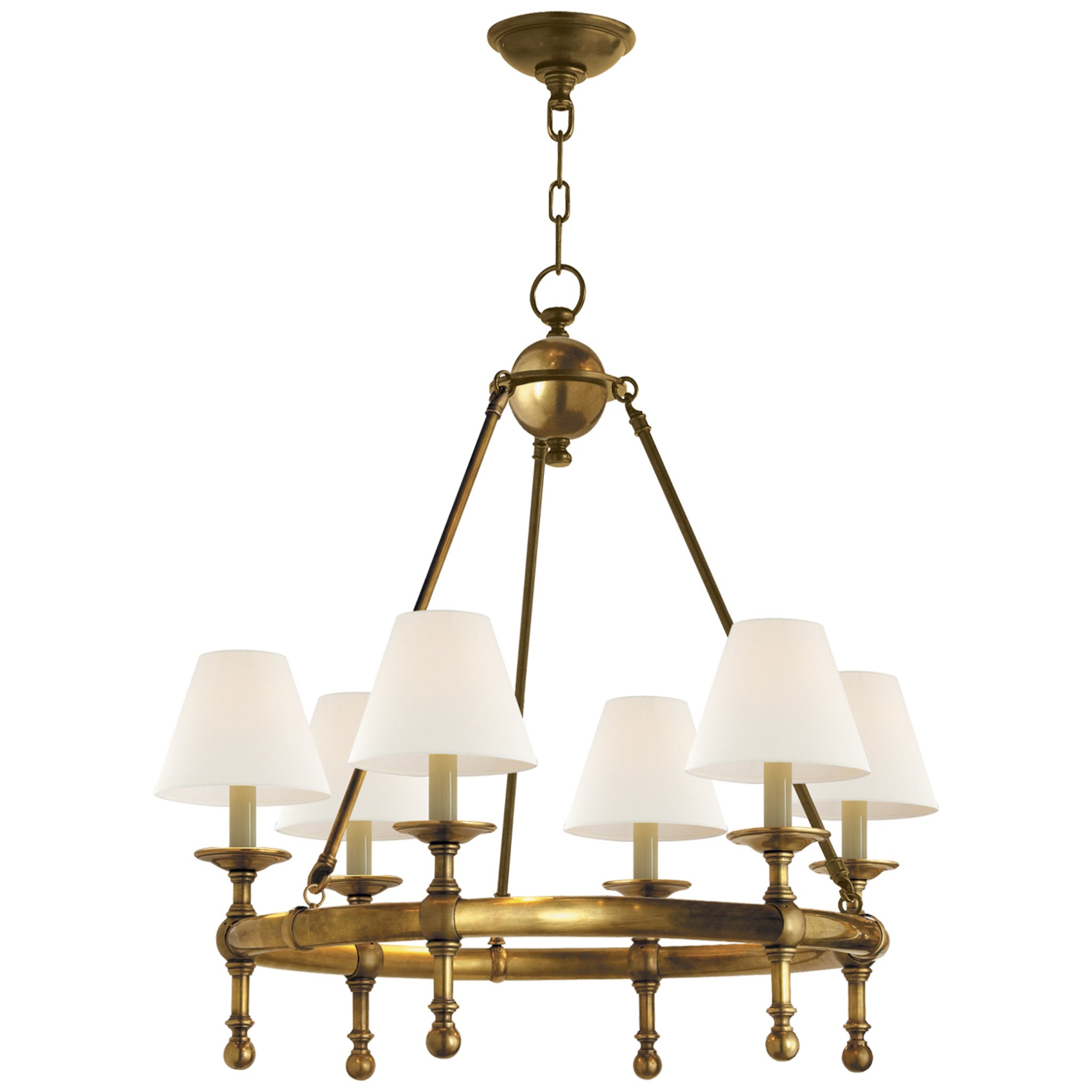 Chapman & Myers Classic Mini Ring Chandelier in Hand-Rubbed Antique Brass with Linen Shades