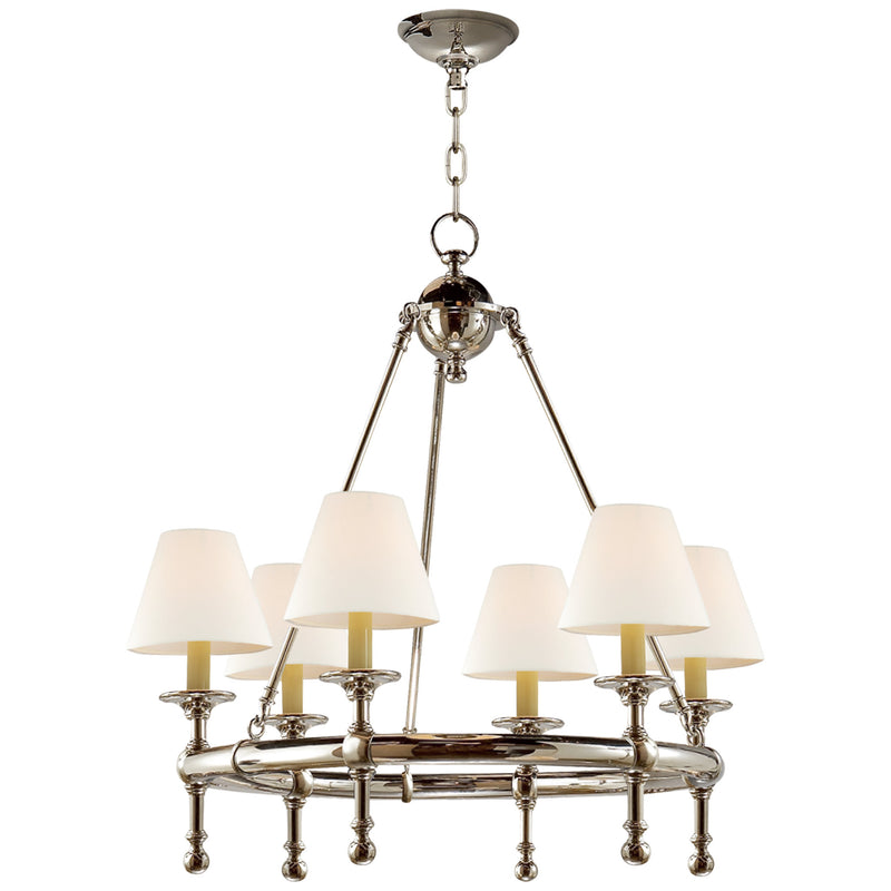 Chapman & Myers Classic Mini Ring Chandelier in Polished Nickel with Linen Shades