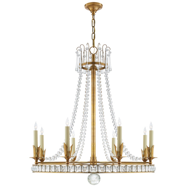 Joe Nye Regency Large Chandelier in Hand-Rubbed Antique Brass with Seeded Glass