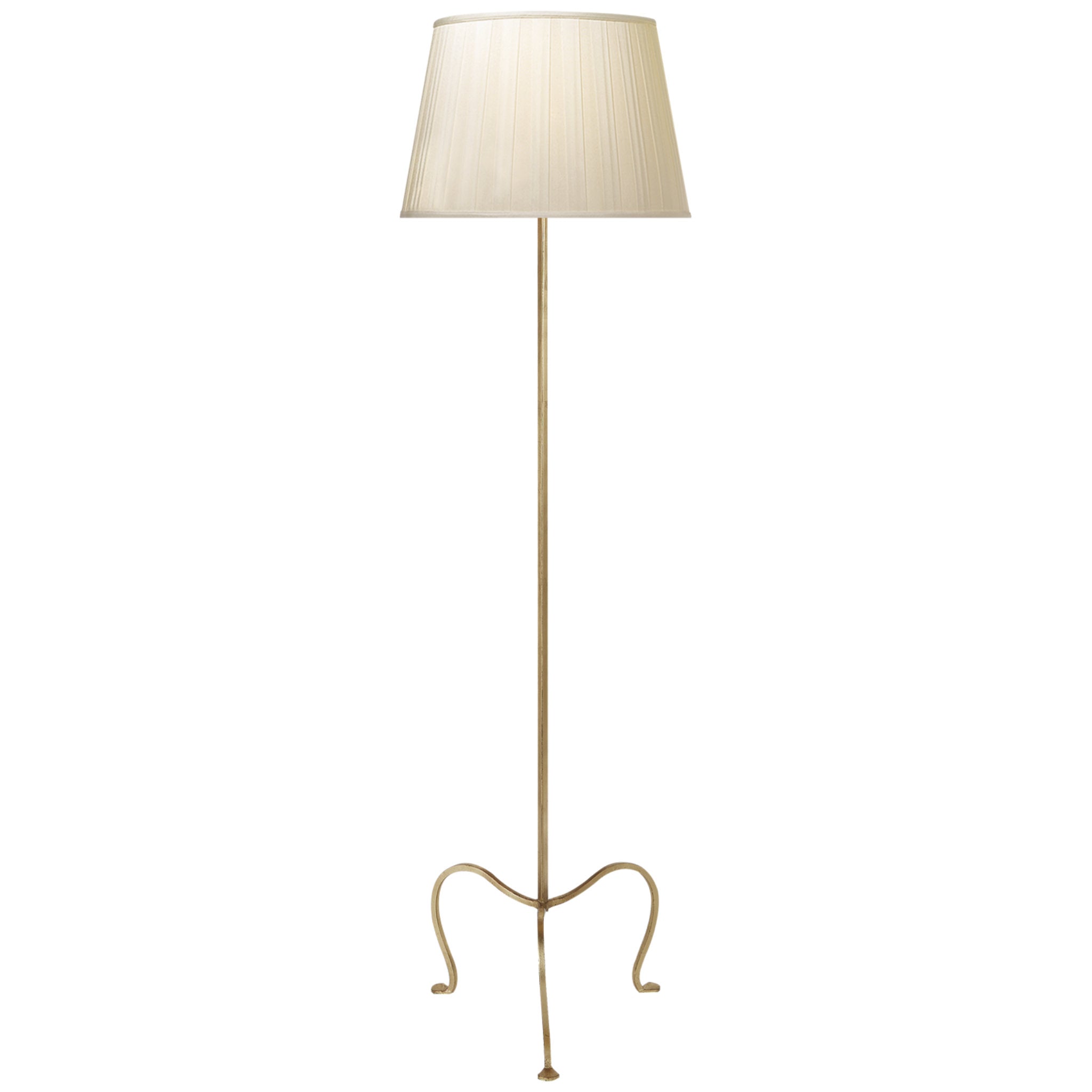 J. Randall Powers Albert Petite Tri-Leg Floor Lamp in Gilded Iron with Silk Box Pleat Shade W18.75" x H59"