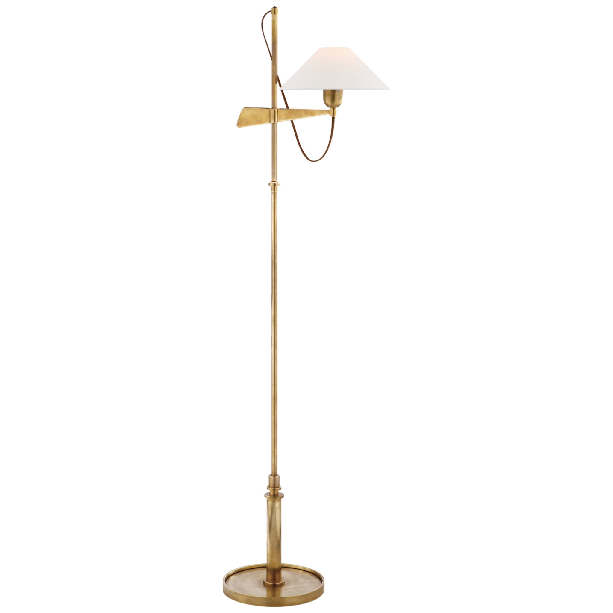 J. Randall Powers Hargett Bridge Arm Floor Lamp in Hand-Rubbed Antique Brass with Linen Shade