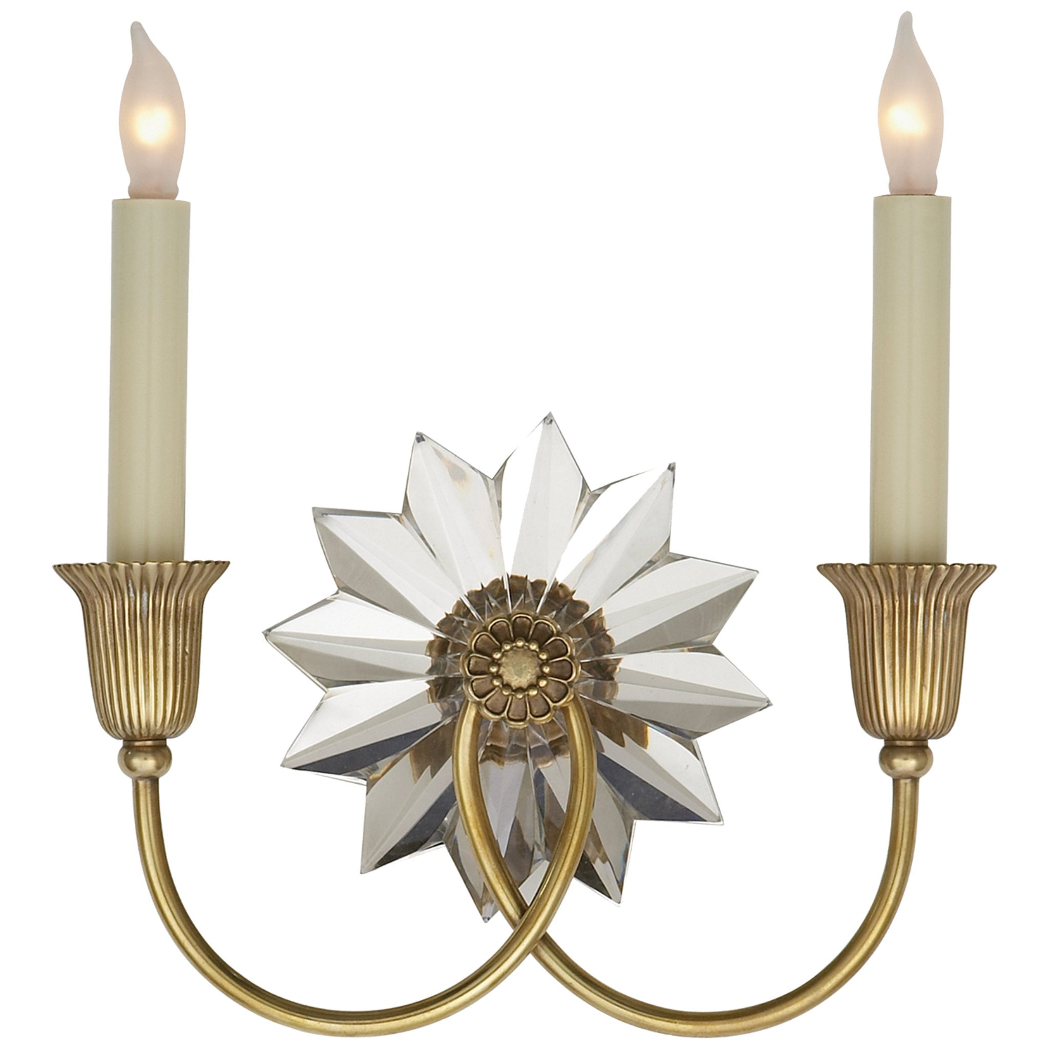 J. Randall Powers Huntingdon Double Sconce in Hand-Rubbed Antique Brass and Crystal
