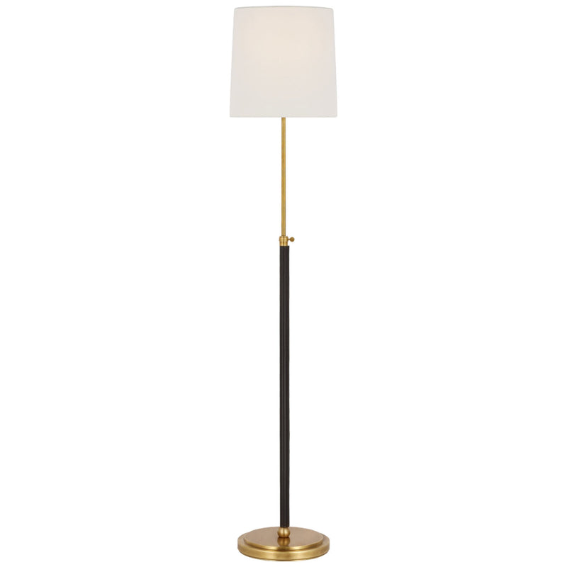 Thomas O'Brien Bryant Wrapped Floor Lamp in Hand-Rubbed Antique Brass and Chocolate Leather with Linen Shade