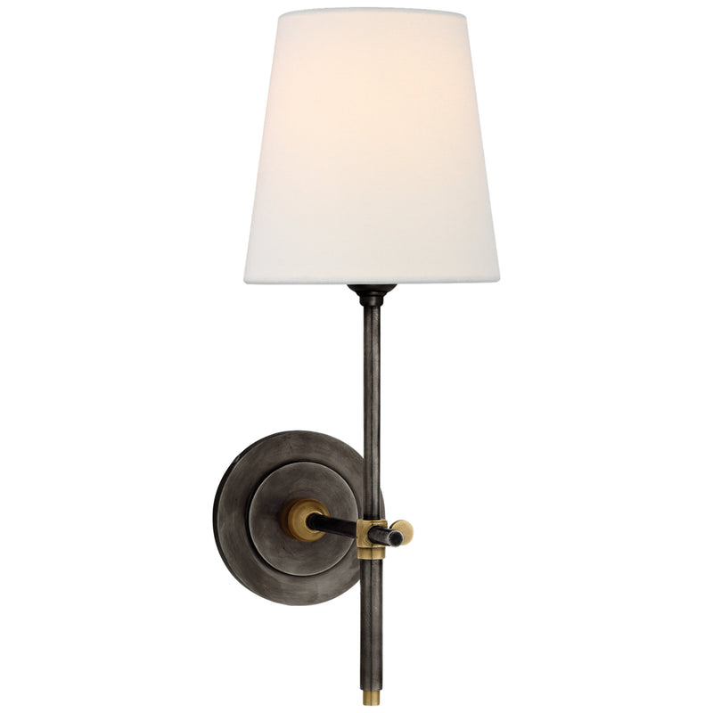 Thomas O'Brien Bryant Sconce in Bronze and Hand-Rubbed Antique Brass with Linen Shade