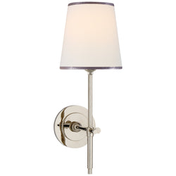 Thomas O'Brien Bryant Sconce in Polished Nickel with Linen Shade with Silver Tape