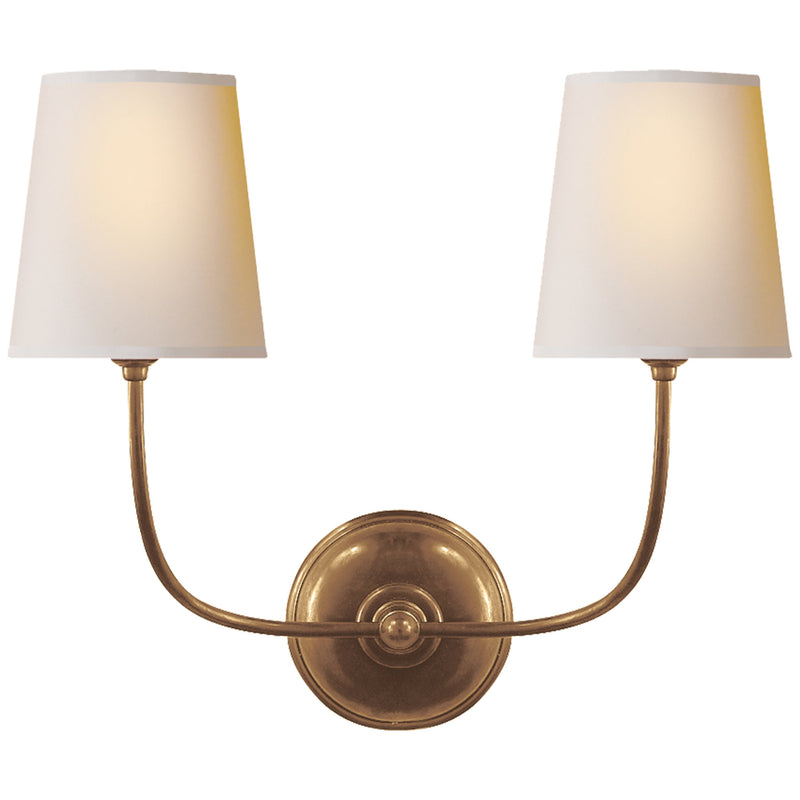 Thomas O'Brien Vendome Double Sconce in Hand-Rubbed Antique Brass with Natural Paper Shades