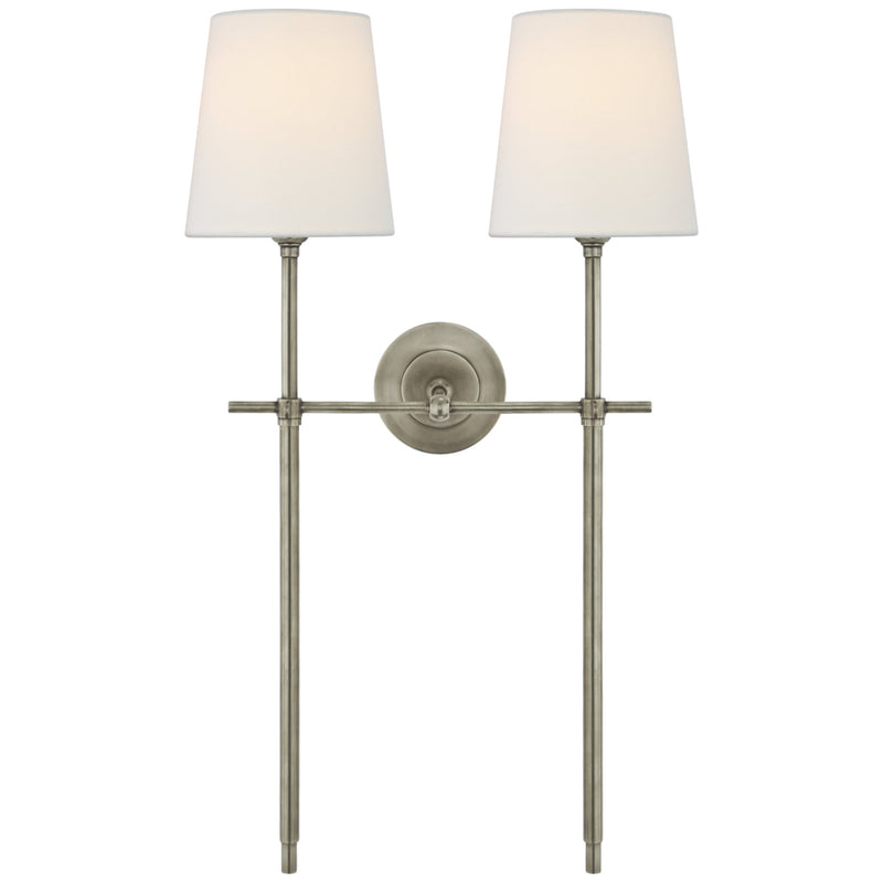 Thomas O'Brien Bryant Large Double Tail Sconce in Antique Nickel with Linen Shades