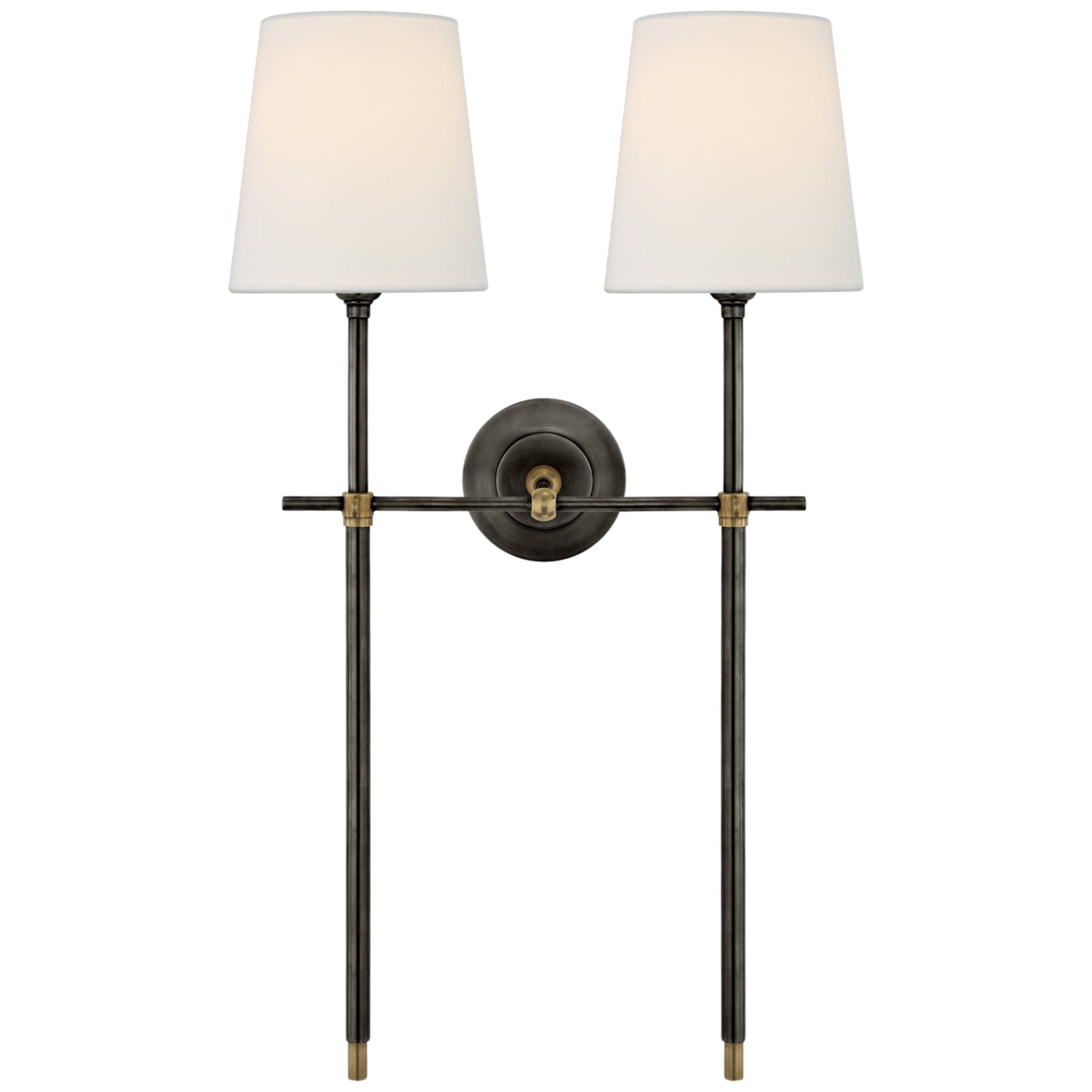 Thomas O'Brien Bryant Large Double Tail Sconce in Bronze and Hand-Rubbed Antique Brass with Linen Shades