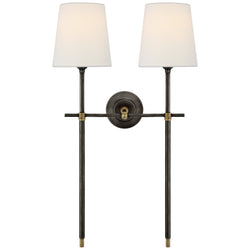 Thomas O'Brien Bryant Large Double Tail Sconce in Bronze and Hand-Rubbed Antique Brass with Linen Shades