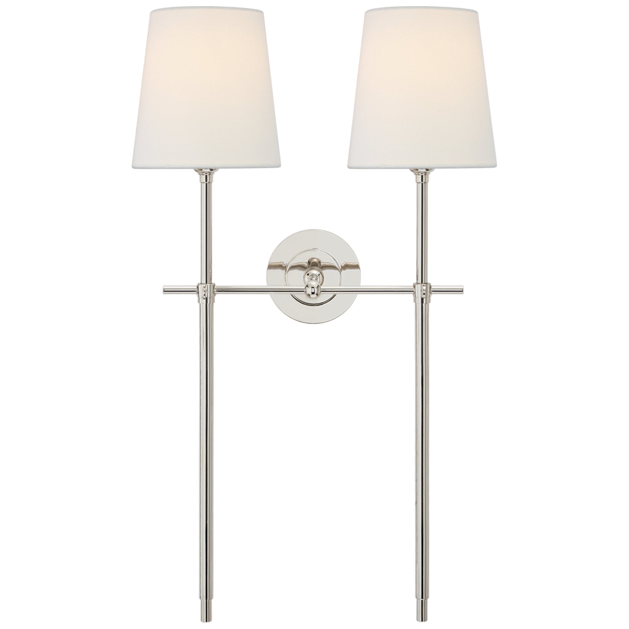 Thomas O'Brien Bryant Large Double Tail Sconce in Polished Nickel with Linen Shades