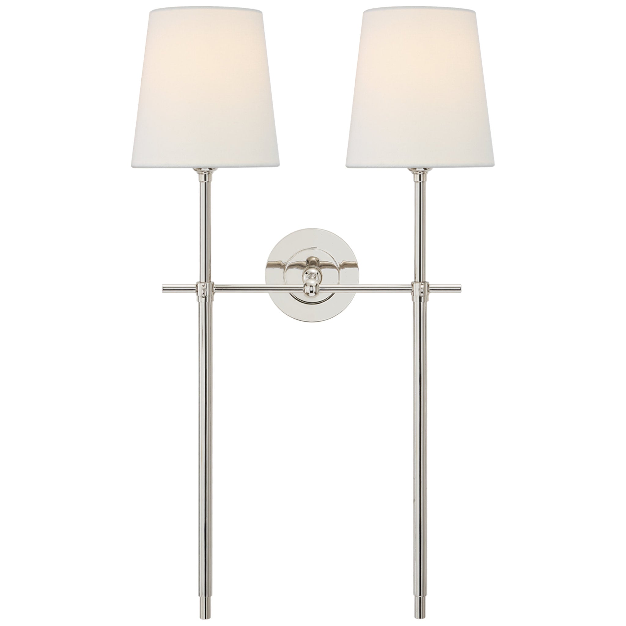 Thomas O'Brien Bryant Large Double Tail Sconce in Polished Nickel with Linen Shades Wall Light W16" x H26.5"