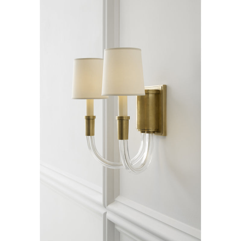 Thomas O'Brien Vivian Double Sconce in Hand-Rubbed Antique Brass with Natural Paper Shades