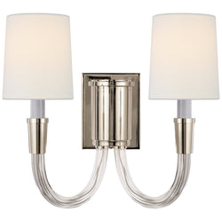 Thomas O'Brien Vivian Double Sconce in Polished Nickel with Linen Shades