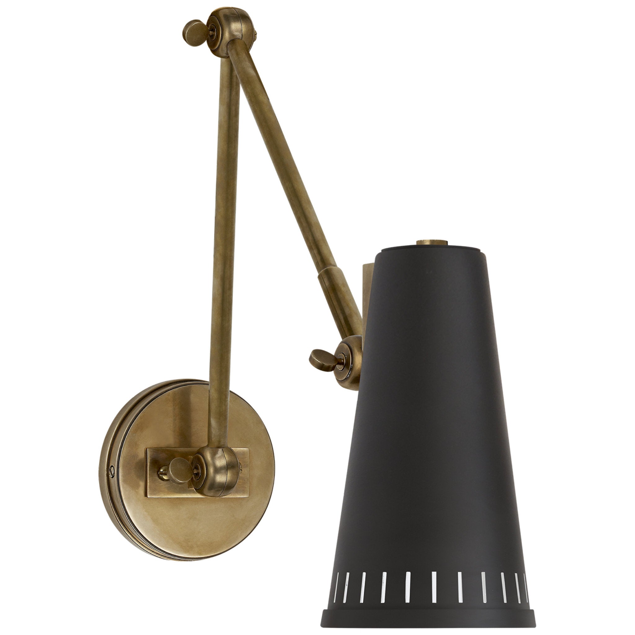 Thomas O'Brien Antonio Adjustable Two Arm Wall Lamp in Hand-Rubbed Antique Brass with Matte Black Shade