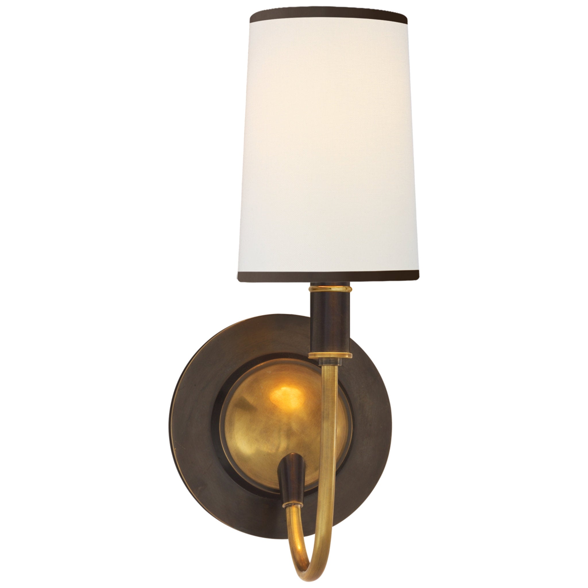 Thomas O'Brien Elkins Sconce in Bronze and Hand-Rubbed Antique Brass with Linen Shade with Black Trim