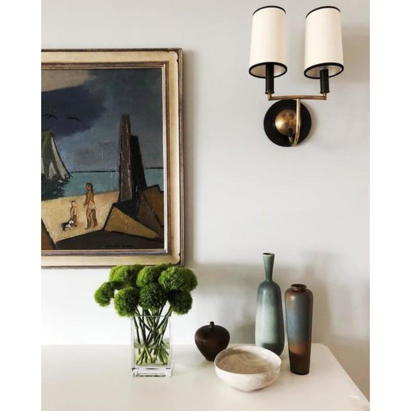 Thomas O'Brien Elkins Double Sconce in Antique Nickel and Polished Nickel with Natural Paper Shades
