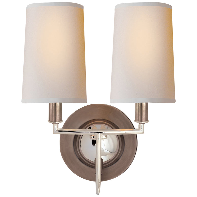 Thomas O'Brien Elkins Double Sconce in Antique Nickel and Polished Nickel with Natural Paper Shades